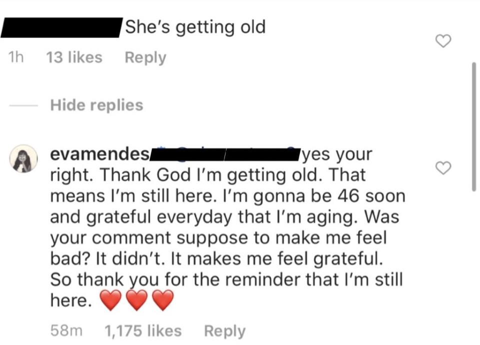 Eva Mendes responded to a rude Instagram commenter who called her "old." (Screenshot: Instagram/Eva Mendes)