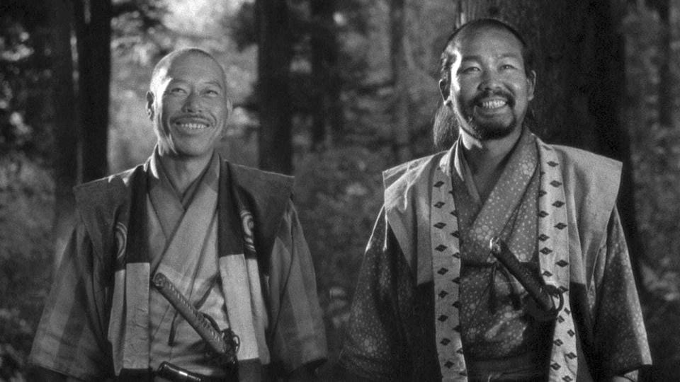 This image released by Janus Films shows Takashi Shimura, left, and Yoshio Inaba in a scene from the 1954 film "Seven Samurai." (Janus Films via AP)