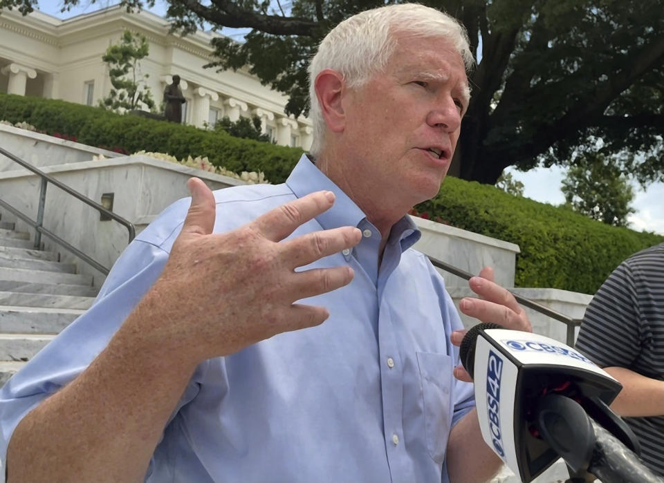 U.S. Rep. Mo Brooks speaks with reporters outside the Alabama Capitol Friday, June 10, 2022 in Montgomery, Ala. Brooks faces Katie Britt in the June 21, 2022 runoff for the Republican nomination for the U.S. Senate seat being vacated by retiring U.S. Sen. Richard Shelby. (AP Photo/Kim Chandler)