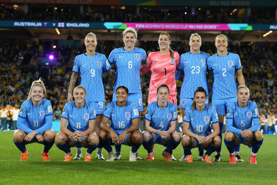 England's team players pose for a picture before the Women's World Cup semifinal soccer match between Australia and England at Stadium Australia in Sydney, Australia, Wednesday, Aug. 16, 2023. (AP Photo/Abbie Parr)