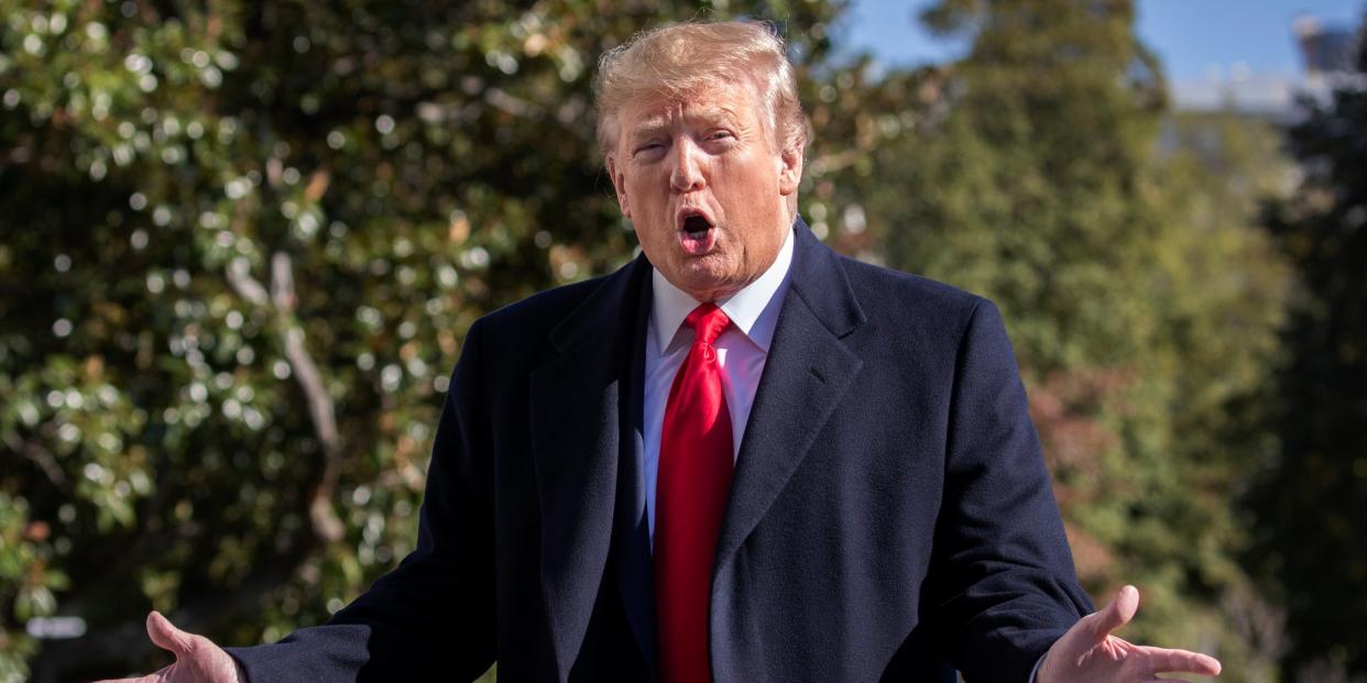 President Donald Trump speaks to reporters upon arrival at the White House in Washington, Sunday, Nov. 3, 2019. (AP Photo/Manuel Balce Ceneta)