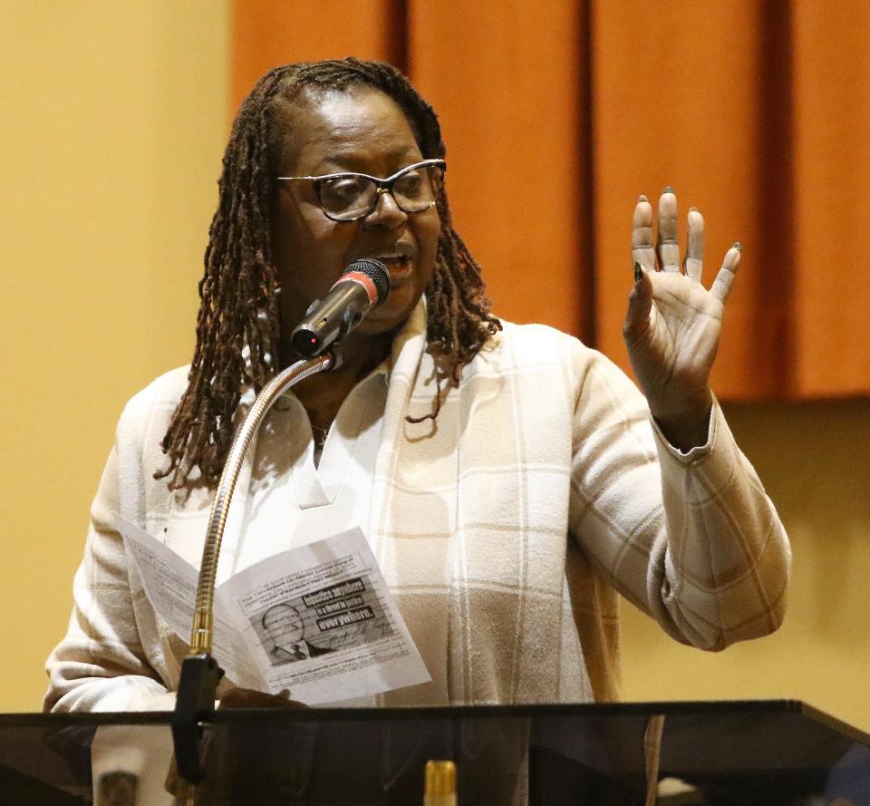 Mistress of Ceremonies Kimberly Barnes speaks Sunday, Jan. 15, 2023, during the Martin Luther King Jr. celebration at Second Baptist Church in Alliance.