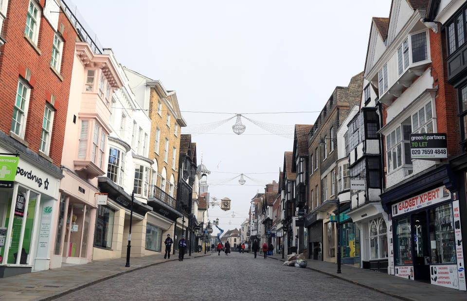 An empty high street in Guilford, Surrey, at the start of a four week national lockdown for England. (Photo by Adam Davy/PA Images via Getty Images)