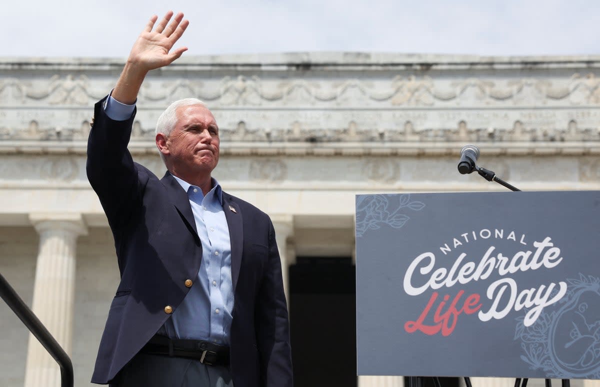 Mike Pence, among candidates vying for the 2024 Republican nomination for president, speaks to anti-abortion supporters in Washington DC on 24 June. (REUTERS)
