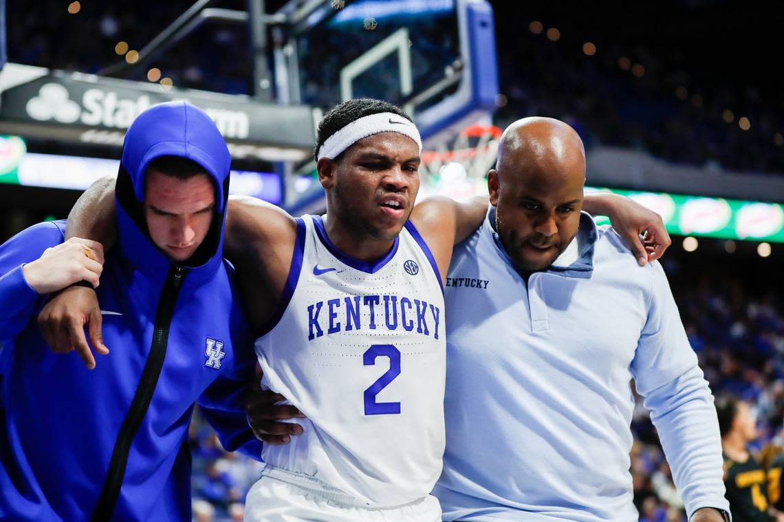 Kentucky’s Sahvir Wheeler was injured during the second half of the team’s exhibition game against Missouri Western State on Sunday, Oct. 30, 2022.