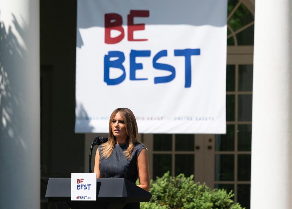 First lady Melania Trump speaks during the anniversary celebration of the "BeBest" campaign, an initiative advocating against cyberbullying and drug use. 