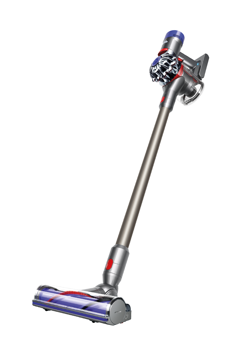 A grey dyson stick vacuum with purple, silver and red trim on a pale background.