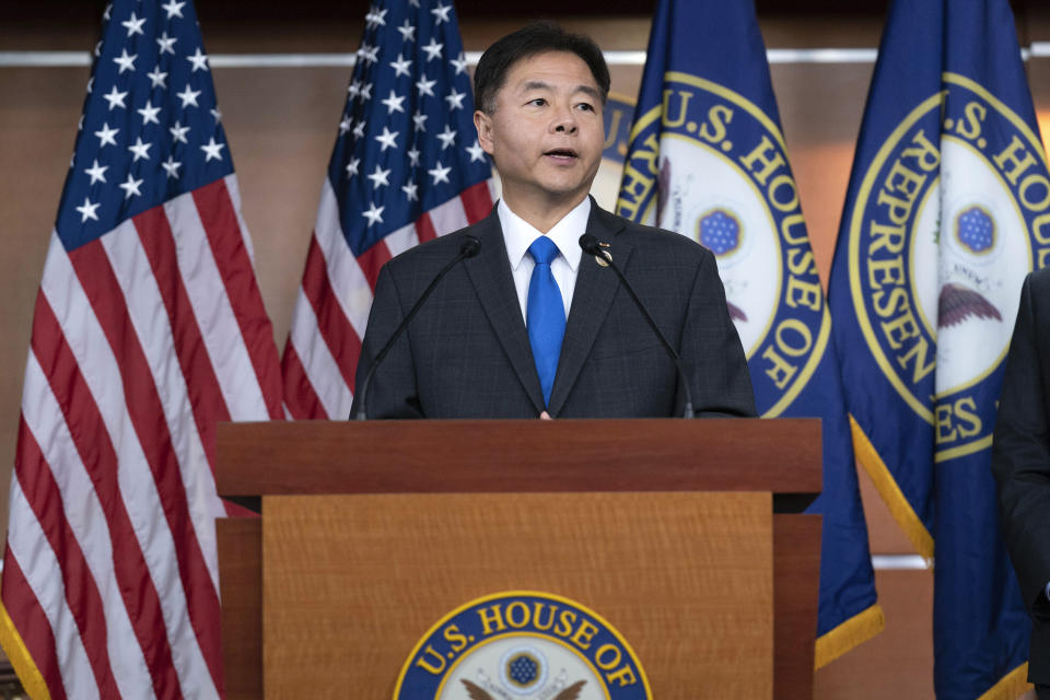 Rep. Ted Lieu, D-Calif., speaks during a news conference after a democratic caucus meeting on Capitol Hill, Wednesday, Jan. 4, 2023, in Washington. (AP Photo/Jose Luis Magana)