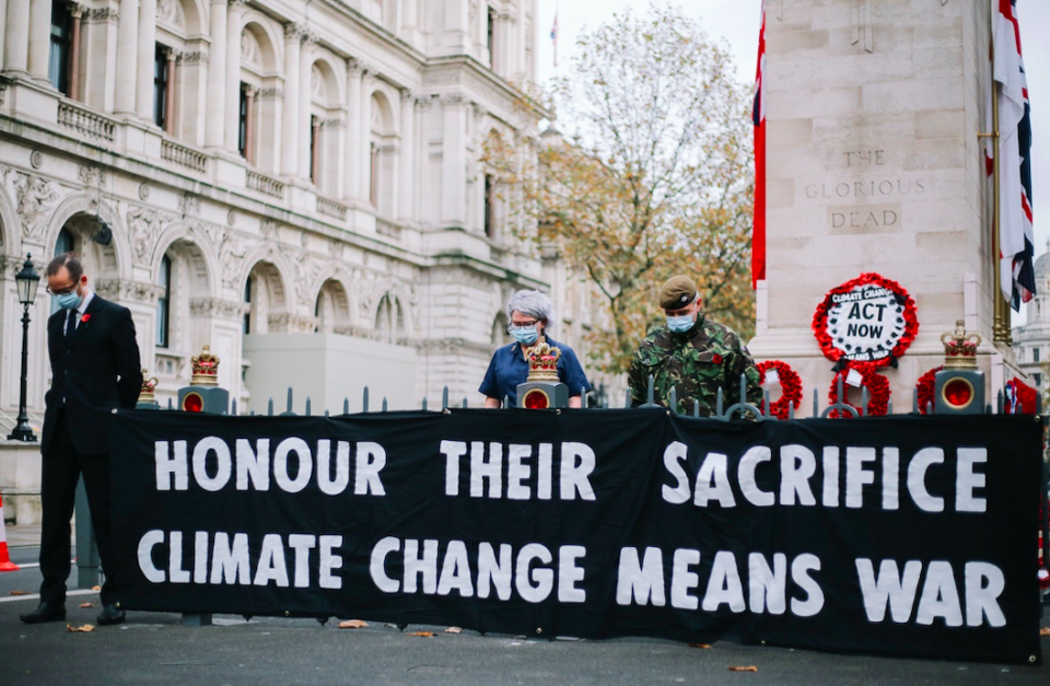 Extinction Rebellion protesters laid a wreath about climate change at the Cenotaph on Remembrance Day. (PA)