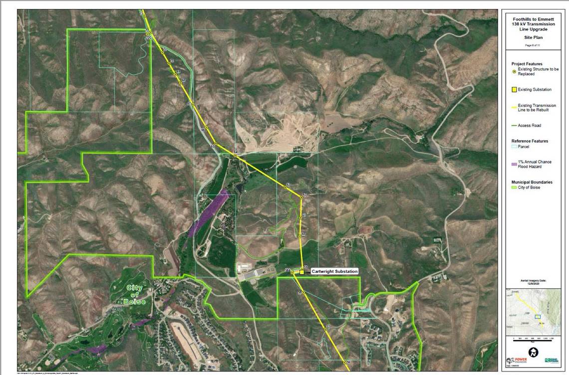 A segment of 35-mile-long transmission line that Idaho Power plans to rebuild. The line, which carries electricity, stretches north from the Boise River in Southeast Boise and west into Gem County. 