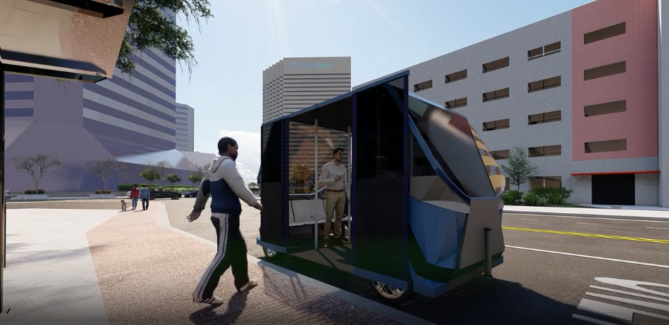 A rendering shows a passenger boarding an automated shuttle on Bay Street in downtown Jacksonville for the Ultimate Urban Circulator. The Jacksonville Transportation Authority plans to have the U2C service ready for passengers in mid-2025.