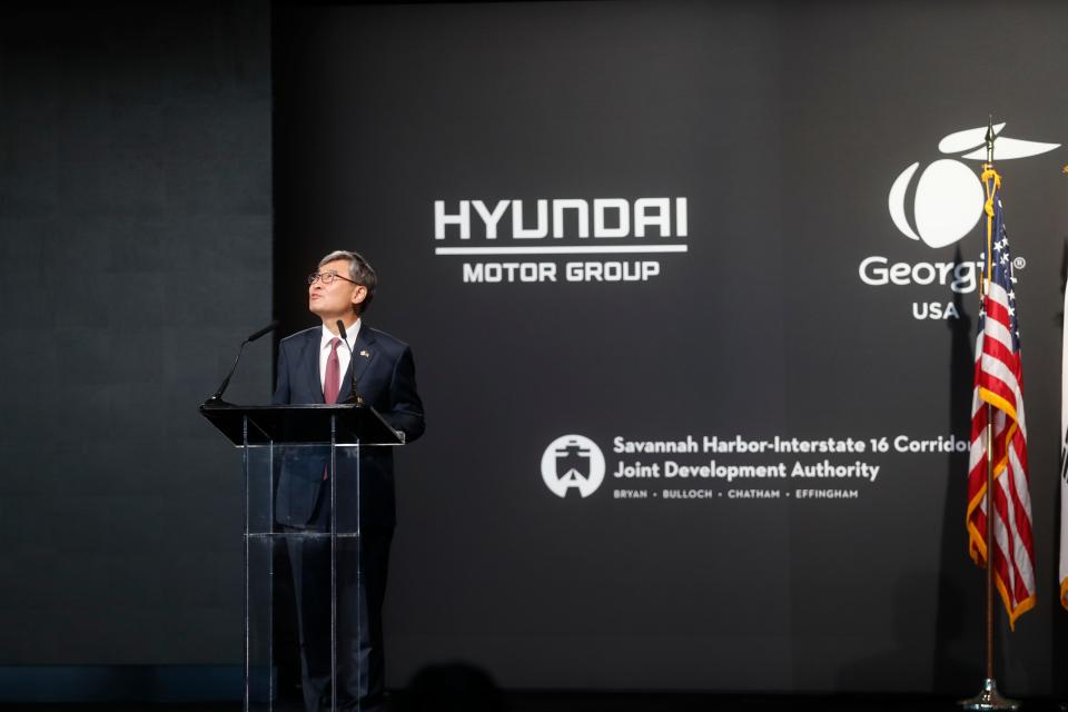 Tae-yong Cho, South Korea's Ambassador to the US, speaks during the official groundbreaking for the Hyundai Meta Plant on Tuesday October 25, 2022 in Ellabell Georgia.