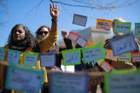 <p>Several hundred high school students from the Washington area and their supporters observe 19 minutes of silence while rallying in front of the White House to protest against the National Rifle Association and to call for stricter gun laws April 20, 2018 in Washington, D.C. (Photo: Chip Somodevilla/Getty Images) </p>