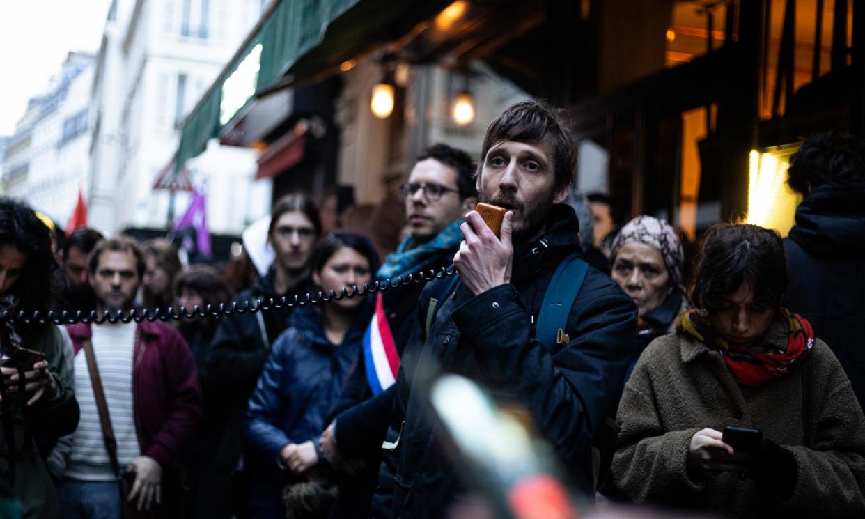 <span>Protesters rally outside the British embassy in Paris to demand the release of Ernest Moret in April 2023.</span><span>Photograph: NurPhoto/Getty Images</span>