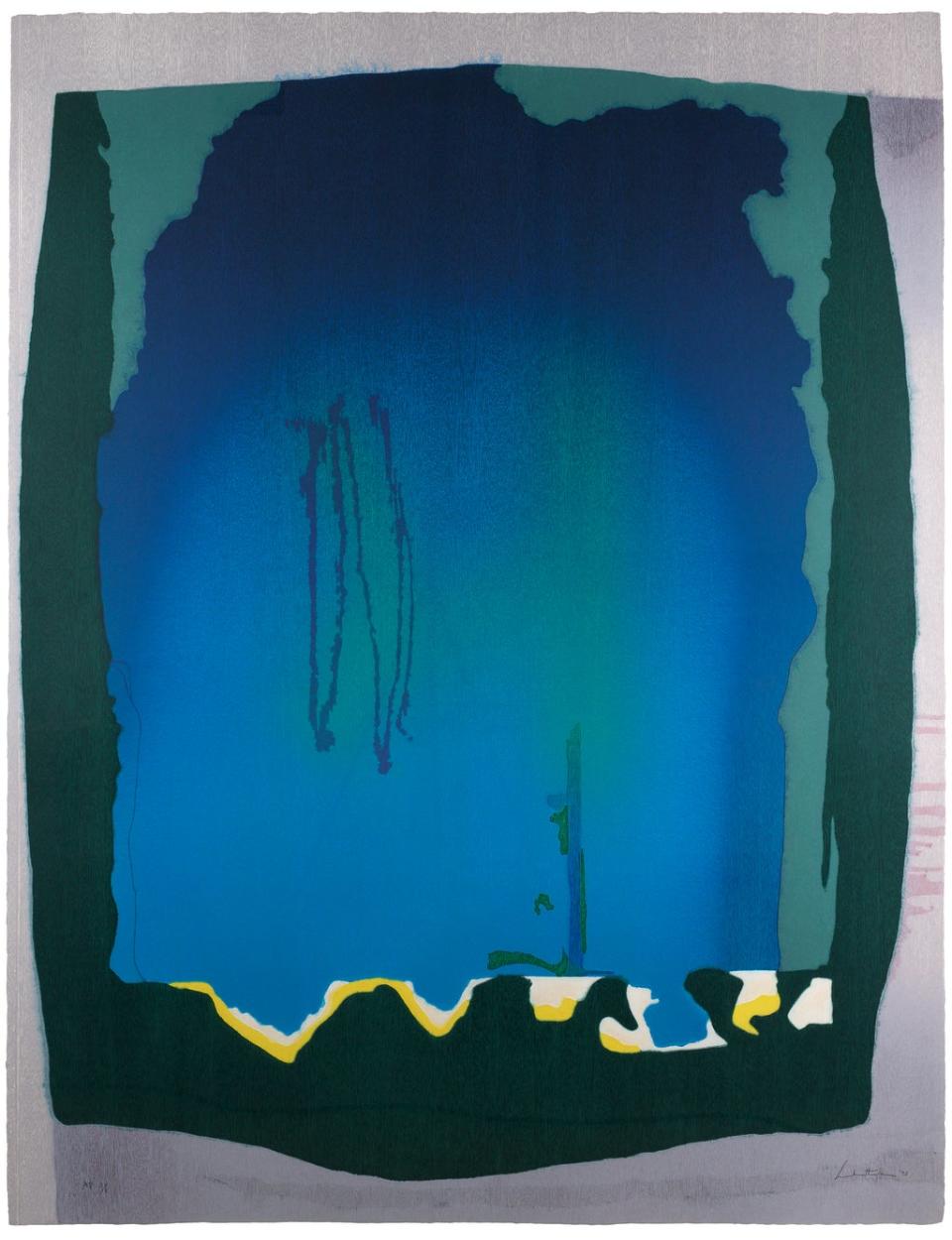 Helen Frankenthaler, Freefall, 1993. Twelve color woodcut on hand-dyed paper in 15 colors (© 2021 Helen Frankenthaler Foundation, Inc. / ARS, NY and DACS, London / Tyler Graphics Ltd., Mount Kisco, NY)