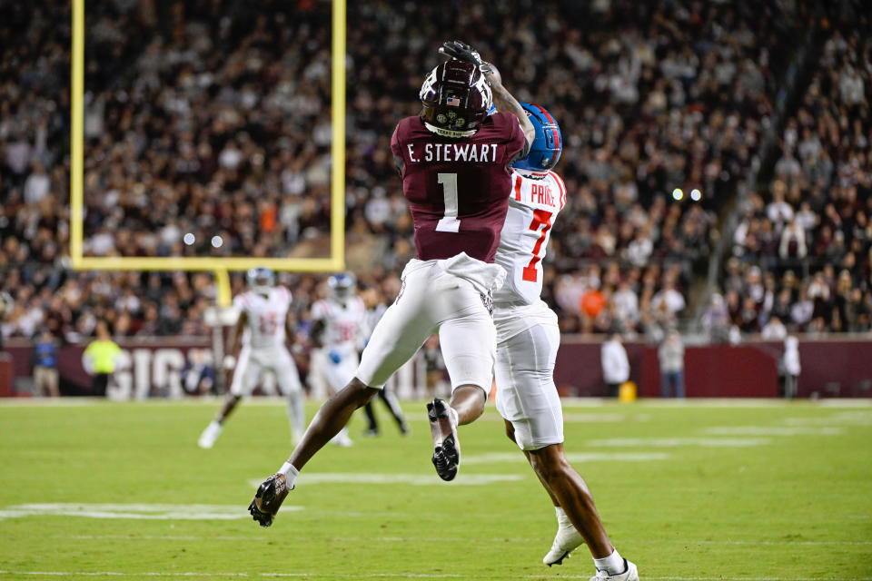 COLLEGE STATION, TX - OCTOBER 29: Texas A&M Aggies wide receiver Evan Stewart (1) snags a deep ball over Mississippi Rebels cornerback Deantre Prince (7) during late second half action during the football game between the Ole Miss Rebels and Texas A&M Aggies at Kyle Field on October 29, 2022 in College Station, Texas. (Photo by Ken Murray/Icon Sportswire via Getty Images)