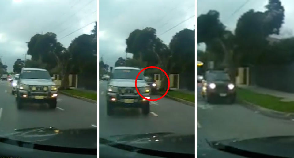 An approaching car appears obscured from view until it's too late.  Source: Dash Cam Owners Australia / Facebook