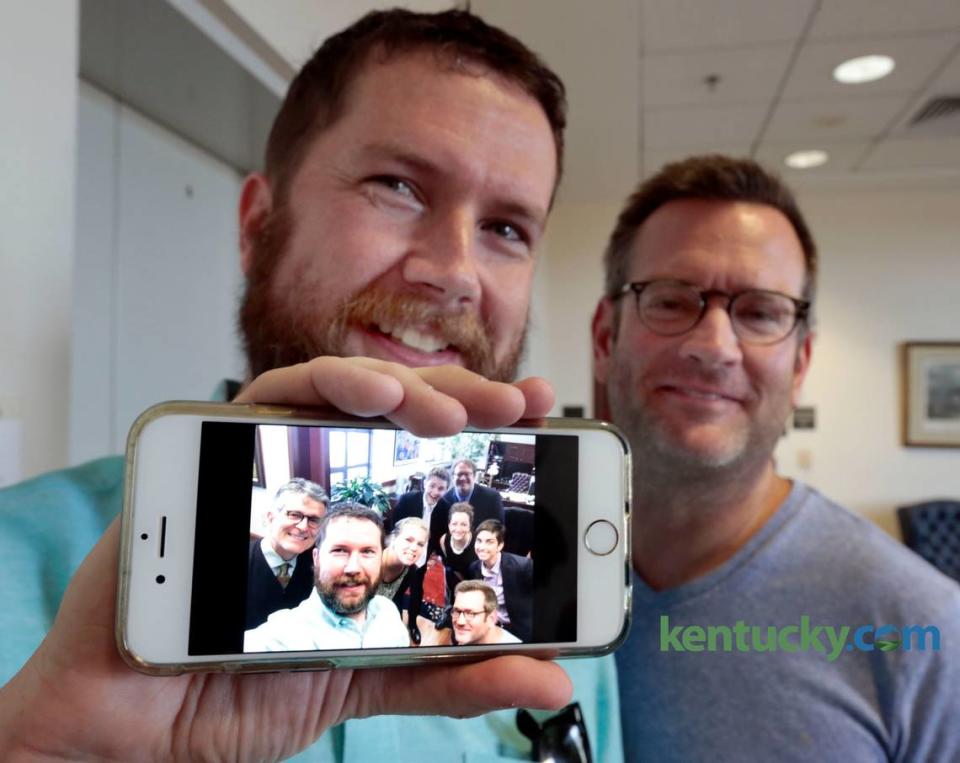 A cell phone photo of Scott Shive, left, and Marc Roland’s, right, wedding that was performed by Judge Ernesto Scorsone in Lexington, Ky., Friday, June 26, 2015.