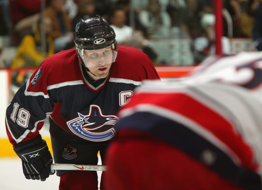 Left wing Markus Naslund #19 of the Vancouver Canucks is on the ice during the game against the Columbus Blue Jackets at General Motors Place on March 21, 2004 in Vancouver, Canada. (Photo by Jeff Vinnick/Getty Images)