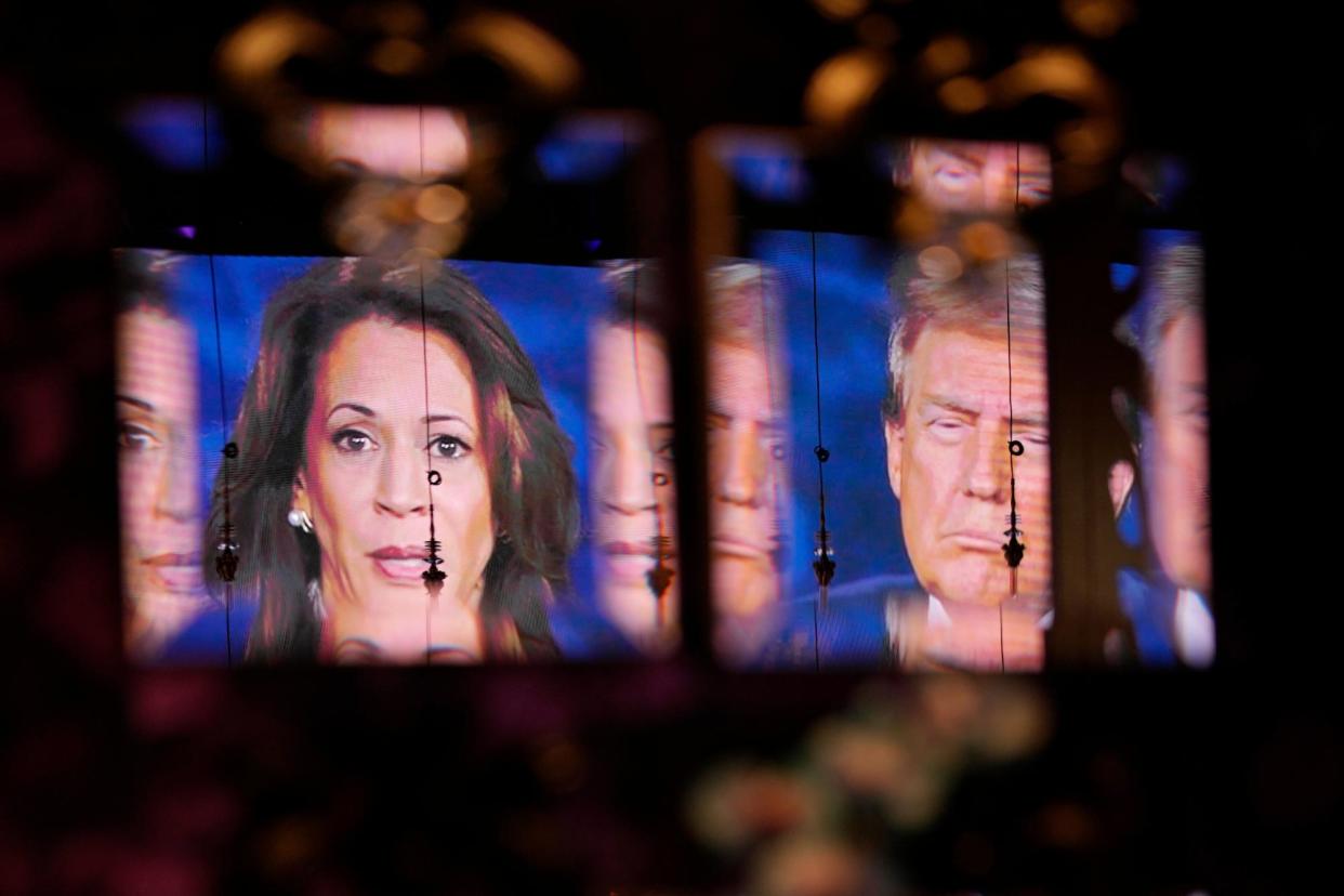 <span>Trump and Harris met for the first time ever on the Philadelphia stage, and their initial greeting became the first strong visual of the night.</span><span>Photograph: John Locher/AP</span>