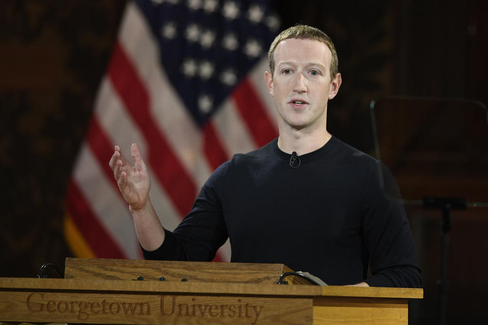 Facebook CEO Mark Zuckerberg speaks at Georgetown University, Thursday, Oct. 17, 2019, in Washington. (AP Photo/Nick Wass)