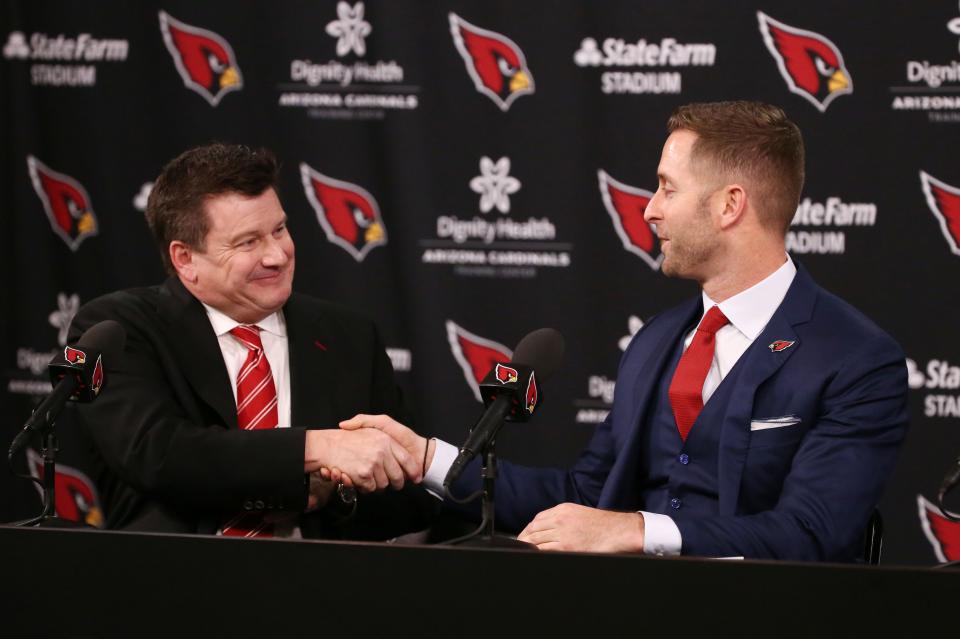 Arizona Cardinals president Michael Bidwill (left) introduces his head coach Kliff Kingsbury during a news conference on Jan. 9, 2019, at the Cardinals Training Facility in Tempe, Ariz.