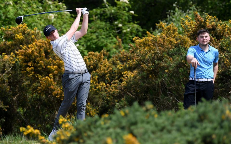 Matt Fitzpatrick of England and his brother Alex Fitzpatrick during a practice round at Hallamshire Golf Club on May 19, 2020 in Sheffield, England. The British government has started easing the lockdown it imposed two months ago to curb the spread of Covid-19, abandoning its 'stay at home' slogan in favour of a message to 'be alert', but UK countries have varied in their approaches to relaxing quarantine measures - GETTY IMAGES