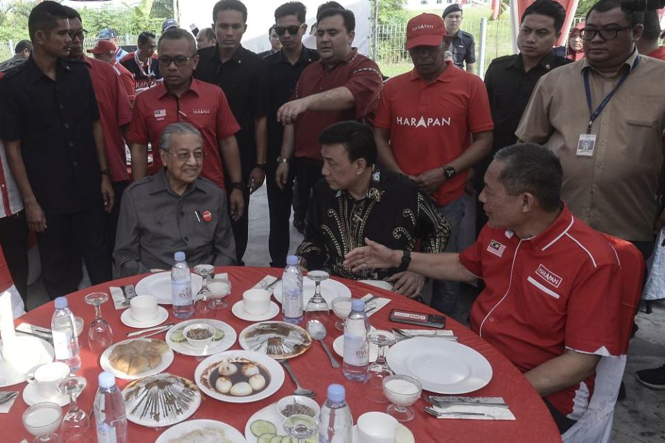Pakatan Harapan chairman Dr Mahathir Mohamad is pictured while campaigning in Pekan Nanas, Pontian November 14, 2019. — Picture by Shafwan Zaidon