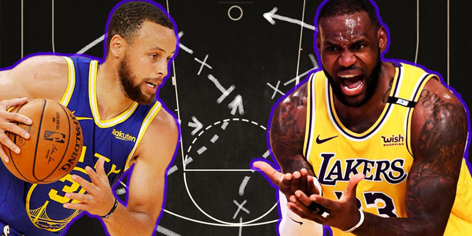 Steph Curry dribbles the ball (left) Lebron James (right) reacts to an incident