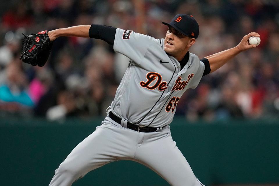 Detroit Tigers' Andrew Vasquez pitches to a Cleveland Guardians batter during the seventh inning in Game 2 of a doubleheader at Progressive Field in Cleveland on Friday, Aug. 18, 2023.