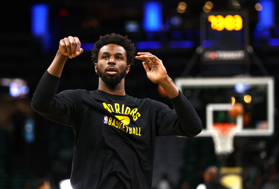 BOSTON, MASSACHUSETTS - JUNE 16: Andrew Wiggins #22 of the Golden State Warriors warms up prior to Game Six of the 2022 NBA Finals against the Boston Celtics at TD Garden on June 16, 2022 in Boston, Massachusetts. NOTE TO USER: User expressly acknowledges and agrees that, by downloading and/or using this photograph, User is consenting to the terms and conditions of the Getty Images License Agreement. (Photo by Elsa/Getty Images)