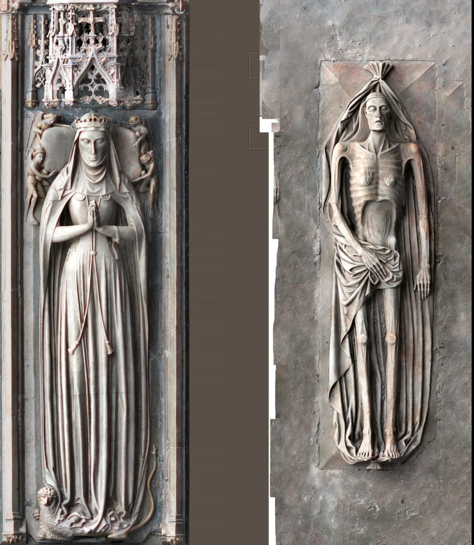 Before and after: the 15th-century alabaster effigy of Alice de la Pole, Duchess of Suffolk, lies above her skeletal form at Ewelme, Oxfordshire, in the finest English example of a cadaver tomb - CB Newham