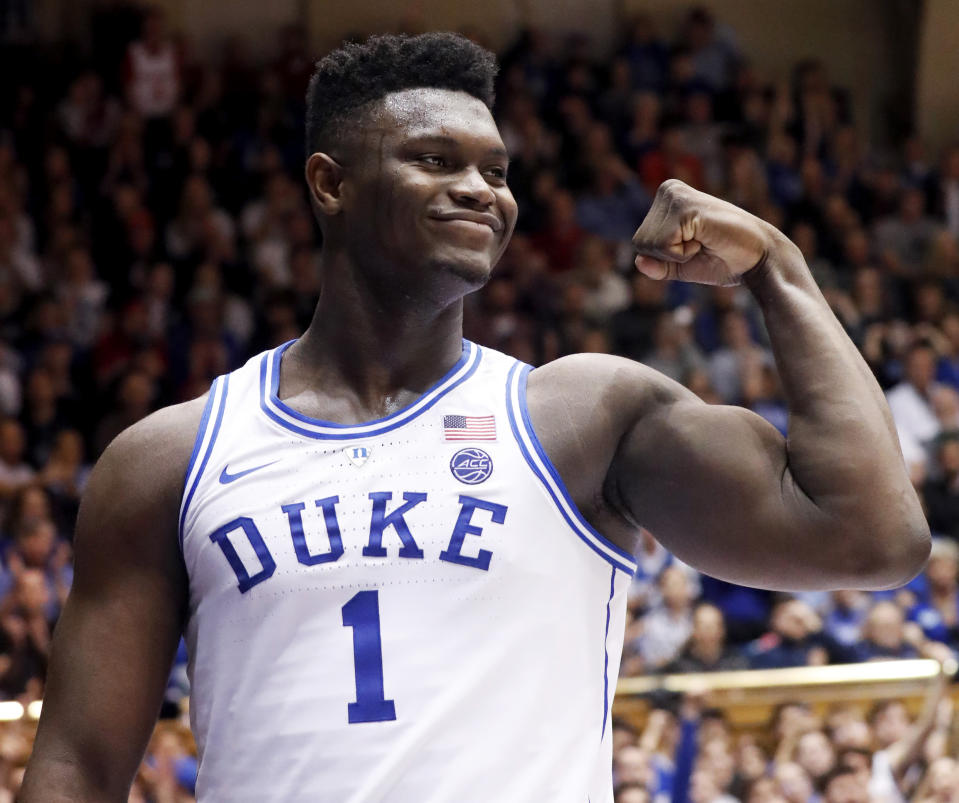 Duke's Zion Williamson (1) celebrates after he scored against North Carolina State during the second half of an NCAA college basketball game in Durham, N.C., Saturday, Feb. 16, 2019. (AP Photo/Chris Seward)