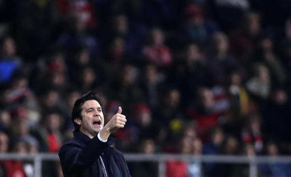 Real Madrid's coach Solari gestures during a Spanish Copa del Rey soccer match between Girona and Real Madrid at the Montilivi stadium in Girona, Spain, Thursday, Jan. 31, 2019. (AP Photo/Manu Fernandez)