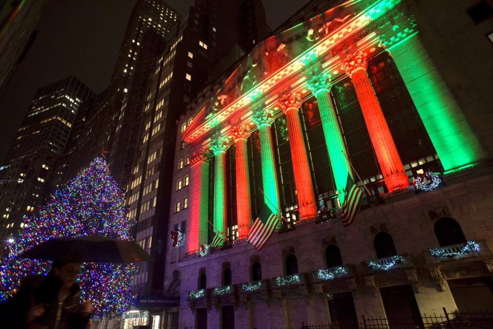 This photo shows the exterior of the New York Stock Exchange on Thursday evening, Dec. 20, 2018. Stocks went into another slide Thursday in what is shaping up as the worst December on Wall Street since the depths of the Great Depression, with prices dragged down by rising fears of a recession somewhere on the horizon. The Dow Jones Industrial Average dropped 464 points, bringing its losses to more than 1,700 since last Friday. (AP Photo/Patrick Sison)