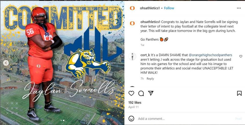 Orange High School celebrated Jaylan and Nate Sorrells’s decisions to commit to Mars Hill University next fall in an April 11 Instagram post on the Panthers’ athletics page.