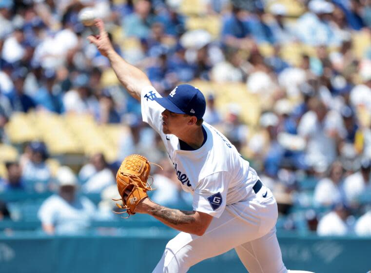LOS ANGELES, CA MAY 8, 2024 - Los Angeles Dodgers pitcher Gavin Stone throws to the plate during the first inning of a baseball game against the Miami Marlins Wednesday, May 8, 2024, in Los Angeles. (Wally Skalij / Los Angeles Times)