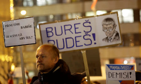 A demonstrator attends a protest rally demanding resignation of Czech Prime Minister Andrej Babis in Prague, Czech Republic, November 15, 2018. The banner reads: "Do we force Babis to leave the scene?" REUTERS/David W Cerny