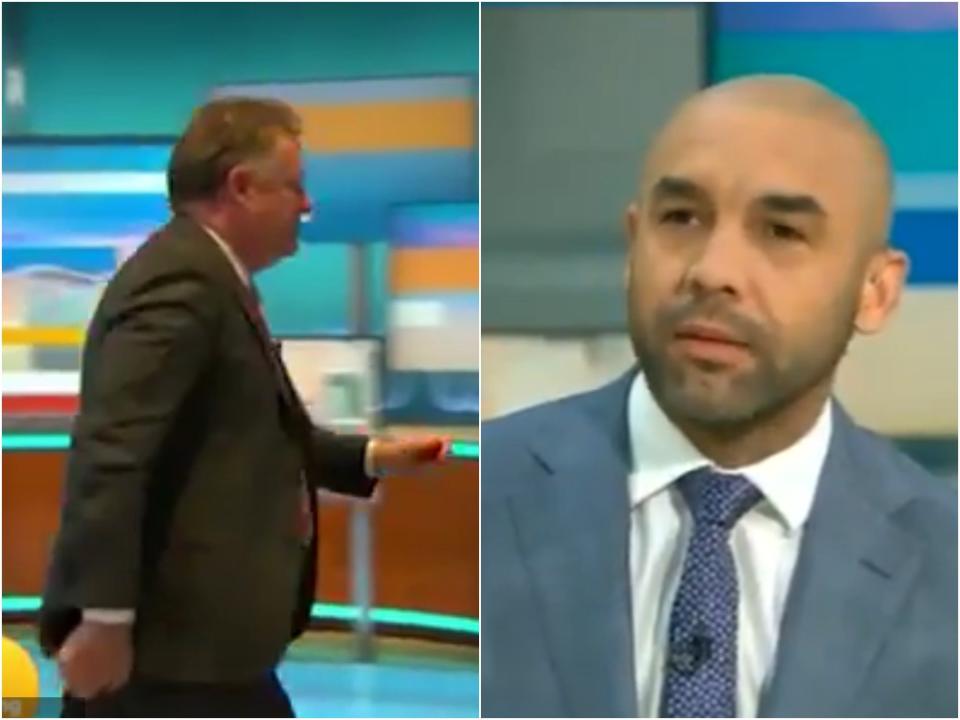 Piers Morgan walking off set (left) following criticism from Alex Beresford (right) on Good Morning Britain (ITV)