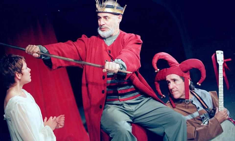 Duggie Brown, right, as the Fool, with Rachel Jane Allen as Cordelia and Barrie Rutter as Lear in the Northern Broadsides production of King Lear at Salts Mill, Saltaire, West Yorkshire, 1999.