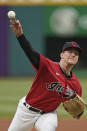 Cleveland Indians starting pitcher Zach Plesac delivers in the first inning in a baseball game against the Chicago White Sox, Tuesday, April 20, 2021, in Cleveland. (AP Photo/Tony Dejak)