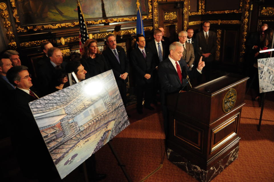 Minnesota Governor Mark Dayton, along with political leaders and the Minnesota Vikings, speaks during a news conference about a deal reached among legislative leaders for a new Vikings stadium, Thursday, March 1, 2012, at the state capitol in St. Paul, Minn. The plan would put the new building nearly on top of the current Metrodome site. (AP Photo/The St. Paul Pioneer Press,Ben Garvin ) MINNEAPOLIS STAR TRIBUNE OUT