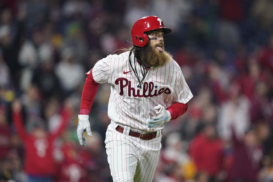 Brandon Marsh broke up a no-hitter with a sixth-inning home run to get the scoring started Tuesday. (AP Photo/Matt Slocum)