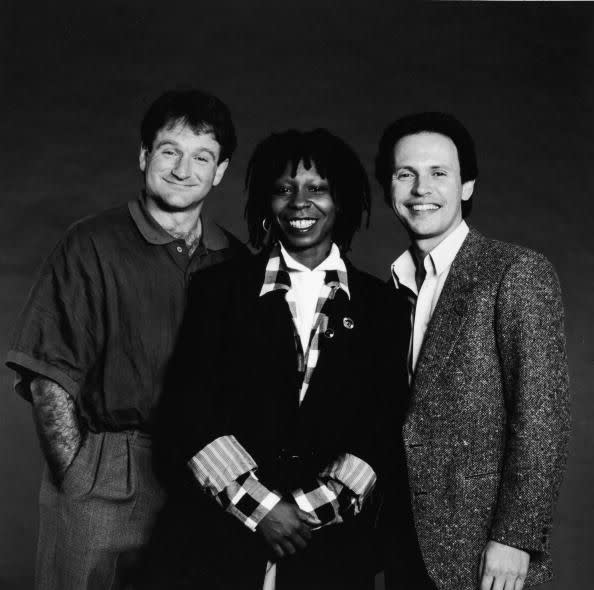 Promotional studio portrait of American comedians Robin Williams, Whoopi Goldberg and Billy Crystal, the hosts of the 'Comedy Relief' variety benefit special, 1986.  (Photo by HBO/Getty Images)