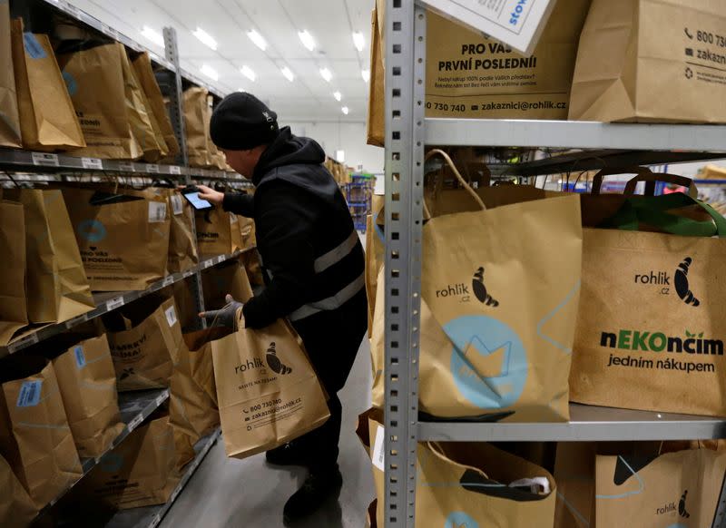 Order processing at the storage area of Czech online grocer Rohlik Group in Prague