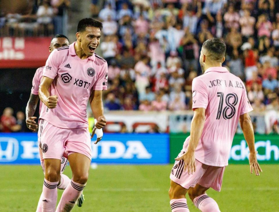 Inter Miami midfielder Diego Gomez (8) celebrates with teammates Jordi Alba (18) and Dixon Arroyo (3) after scoring a goal against New York Red Bulls during the first half of their MLS match at Red Bull Arena on Saturday, Aug. 26, 2023, in Harrison, N.J.