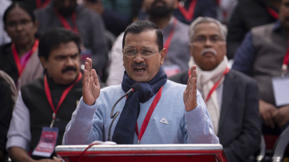 Delhi Chief Minister Arvind Kejriwal speaks during a protest against alleged attacks on federalism by the federal government, in New Delhi, India, on February 8, 2024. - Altaf Qadri/AP