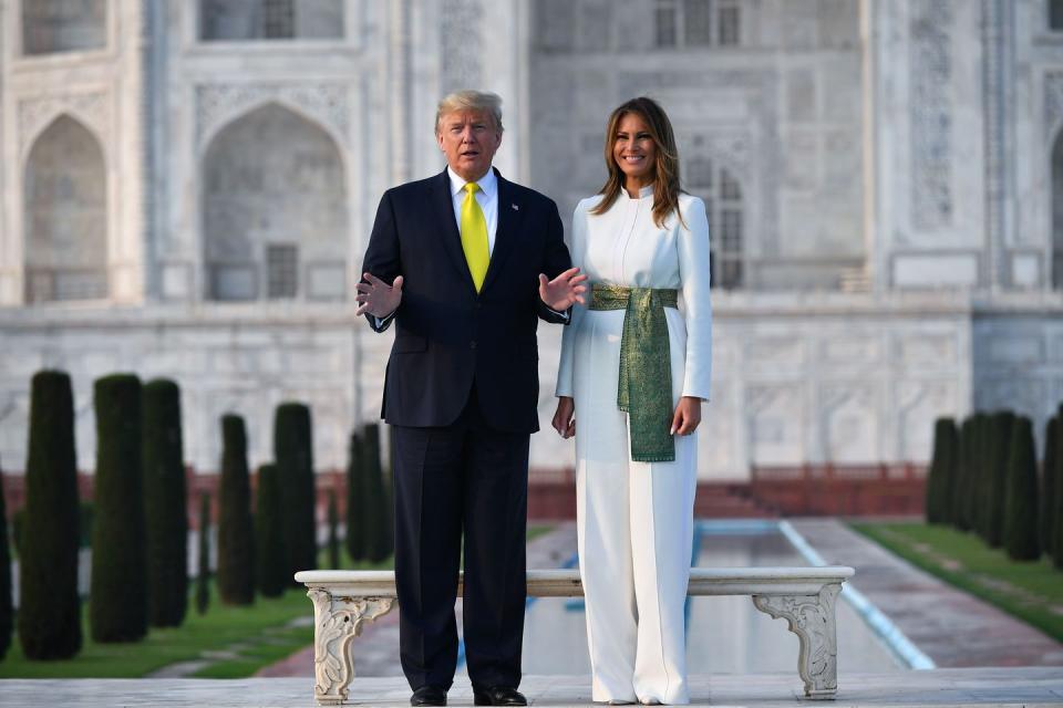 <p>While on site at the Taj Mahal in late February 2020, Melania wore this stunning white jumpsuit from Hervé Pierre, touting the same designer label as her inauguration gown.<br></p>