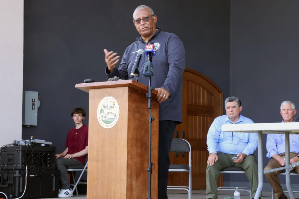 Selma Mayor James Perkins, Jr. speaks during the ribbon cutting ceremony for the completion of Project 14 in Selma, Alabama, July 8, 2024. Project 14 was completed by the U.S. Army Corps of Engineers, Mobile District and stabilized the bank of the Alabama River behind the historic train depot in Selma.