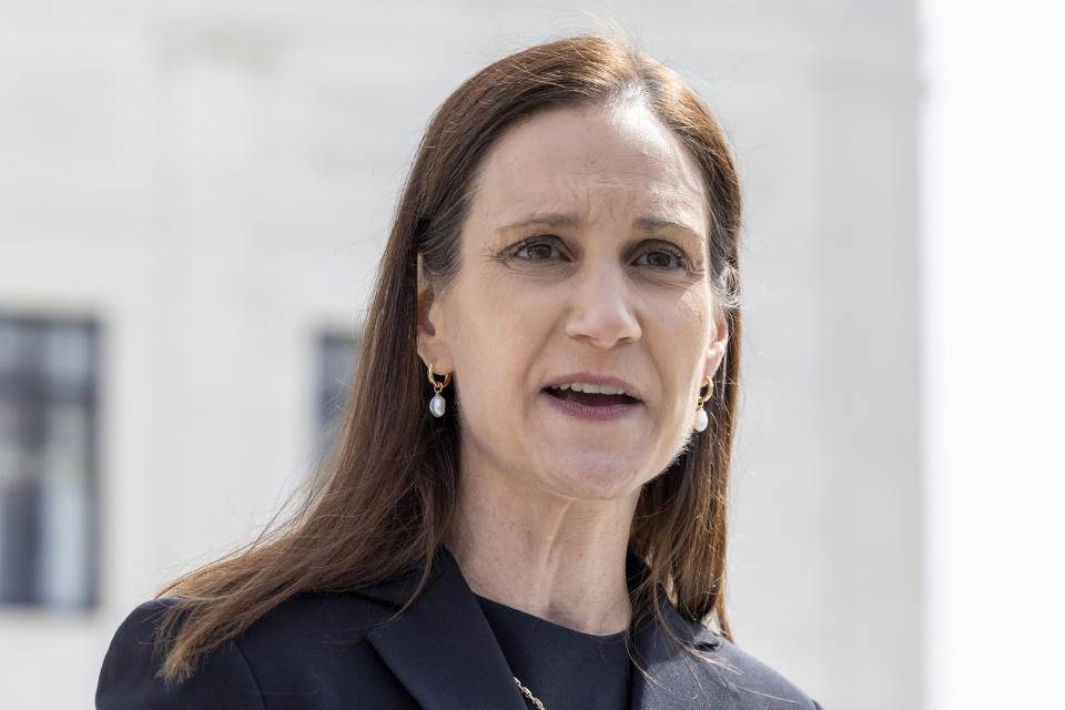 Jessica Ellsworth, who represented the U.S. Food and Drug Administration, speaks during a press conference outside the Supreme Court after the Court heard oral arguments, Tuesday, March 26, 2024, in Washington. The Supreme Court heard arguments in its first abortion case since conservative justices overturned the constitutional right to an abortion two years ago. At stake in Tuesday's arguments is the ease of access to a medication used last year in nearly two-thirds of U.S. abortions. (AP Photo/Amanda Andrade-Rhoades)